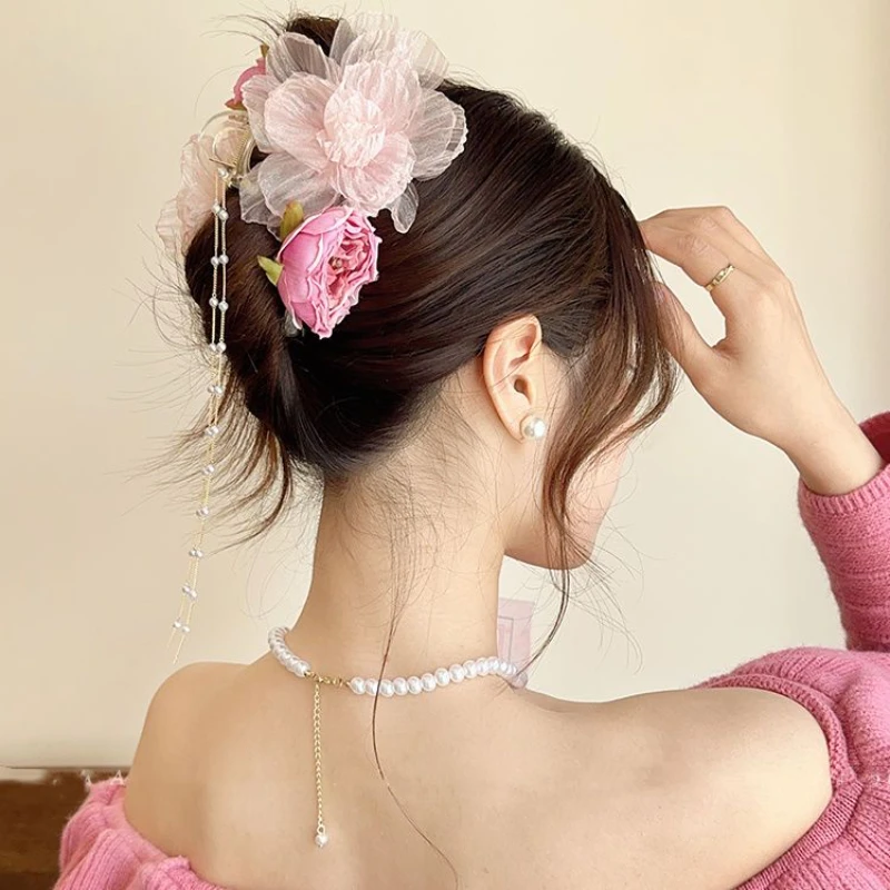 

Sweet Fashion Tassels Flower Large Size Hair Clip for Women 2024 New Girls High-end Three-dimensional Romantic Shark Hair Claw