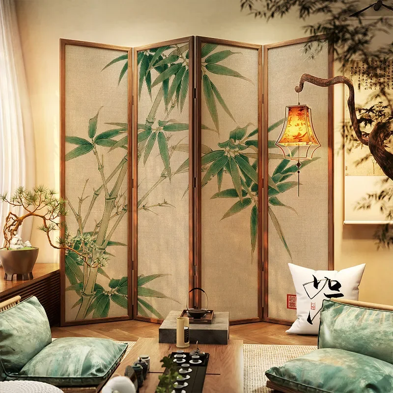 for New Chinese Style Movable Solid Wood Bamboo Screen Partition Folding Room Divider for Living Room Dining Room Entrance