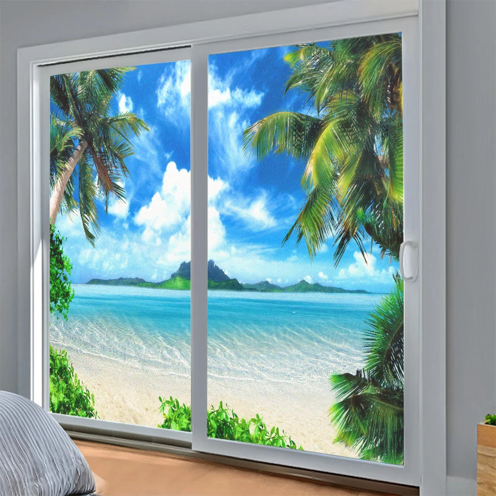 Seascape Pattern Privacy Glass Window Decoration Film PVC Frosted Sliding Door Film Static Clings Non-Glue Anti UV Glass Sticker