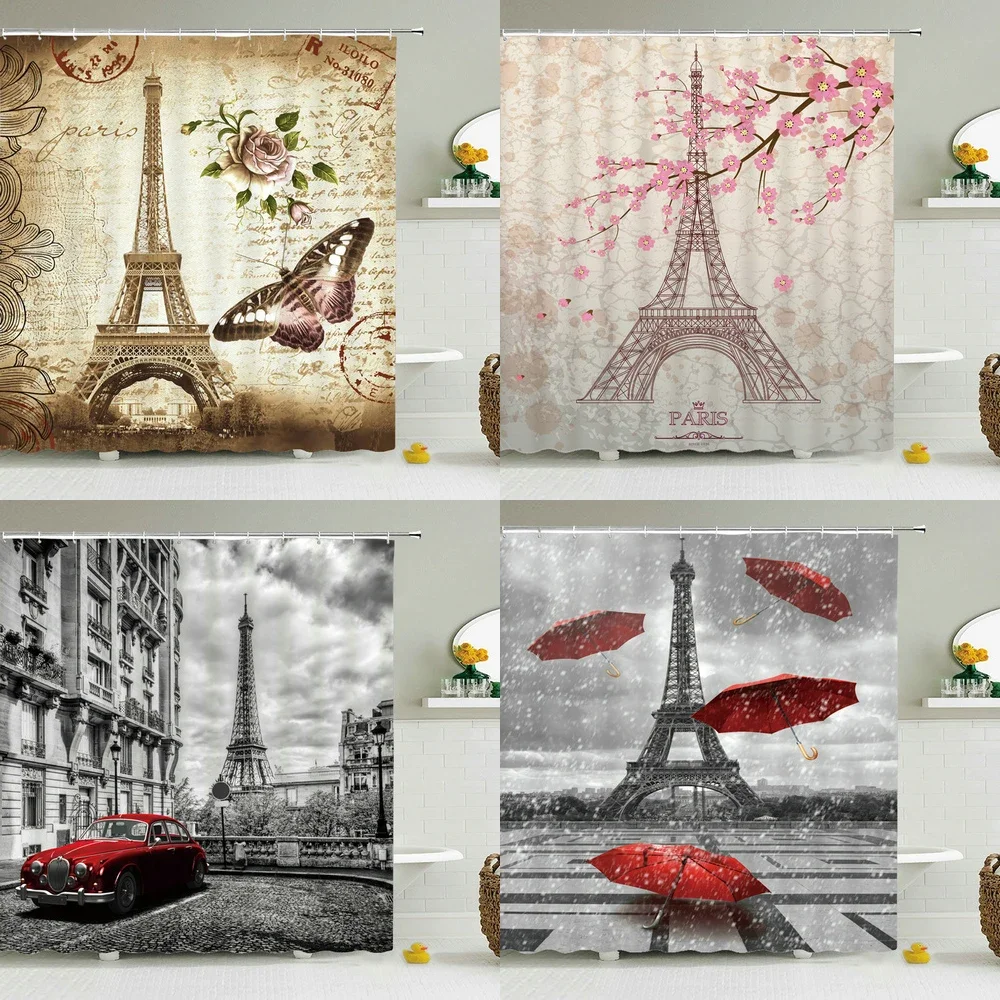 Eiffel Tower Paris Scenery Shower Curtain Vintage Scenery Cherry Blossom Butterfly Polyester Fabric Bath Curtains Bathroom Decor