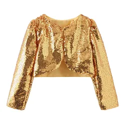 Children Stage Performance Flower Girls Shrug Shiny Sequins Long Sleeve Cropped Blazer Bolero Shrug Cardigan Top Short Jackets