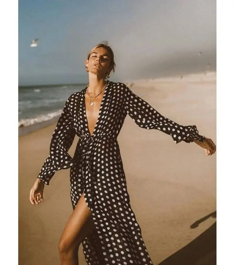 Fashionable Black Polka Dot Vintage Low Cut Bow One-piece Swimsuit And Beach Veil Romantic Seaside Holiday Elegant Woman 2023