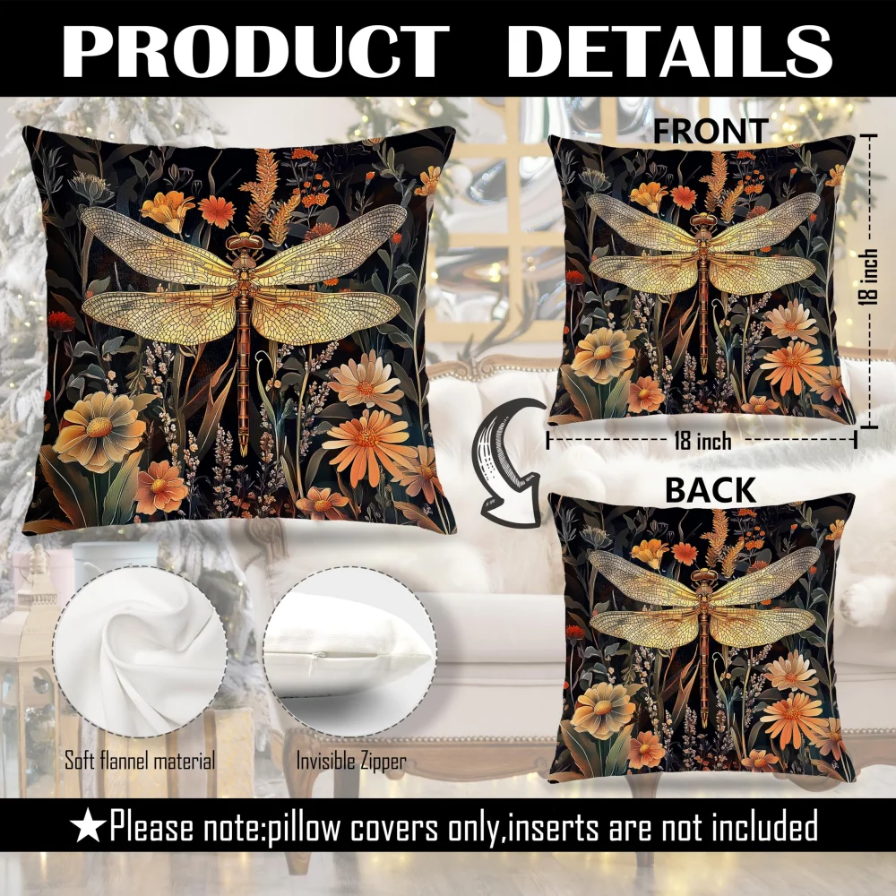 VIKAMA Vintage Golden Dragonfly & Wildflower Pillow Cover  Dark Botanical Pillowcase for Couch Bedroom Home Decor