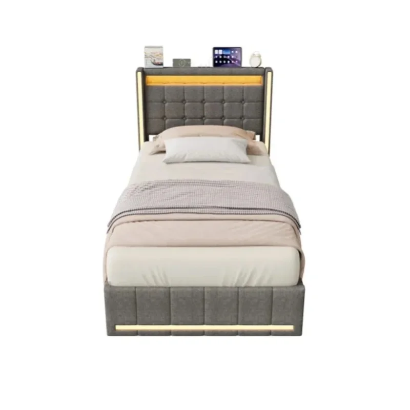 Polsterbett 90x200 cm mit Bettkasten und 2 Schubladen, mit hydraulischem Metallrahmen und Holzlattenrost, LED und USB, Kinderbett, Jugendbett, Einzelbett, Leinen, Beige/Grau, ohne Matratze