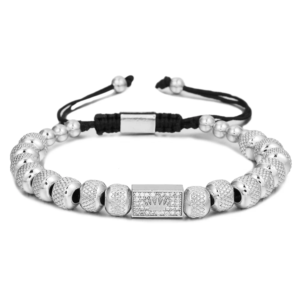 New Micro Pave CZ Crown Square Charm Men & Women Bracelets Stainless Steel Cubic Zircon Bangles Couple Handmade Jewelry Gift