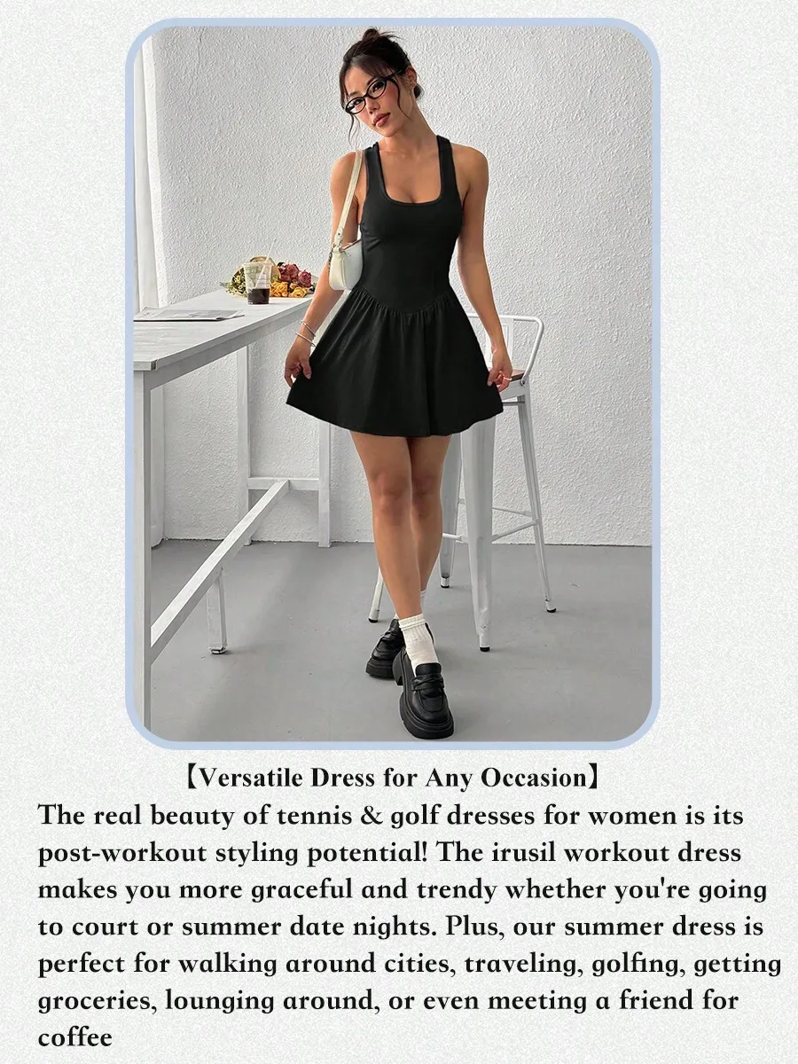 

Womens Sleeveless Tennis Golf Dress With Built-In Shorts Criss-Cross Back Breathable Summer Athletic Dress