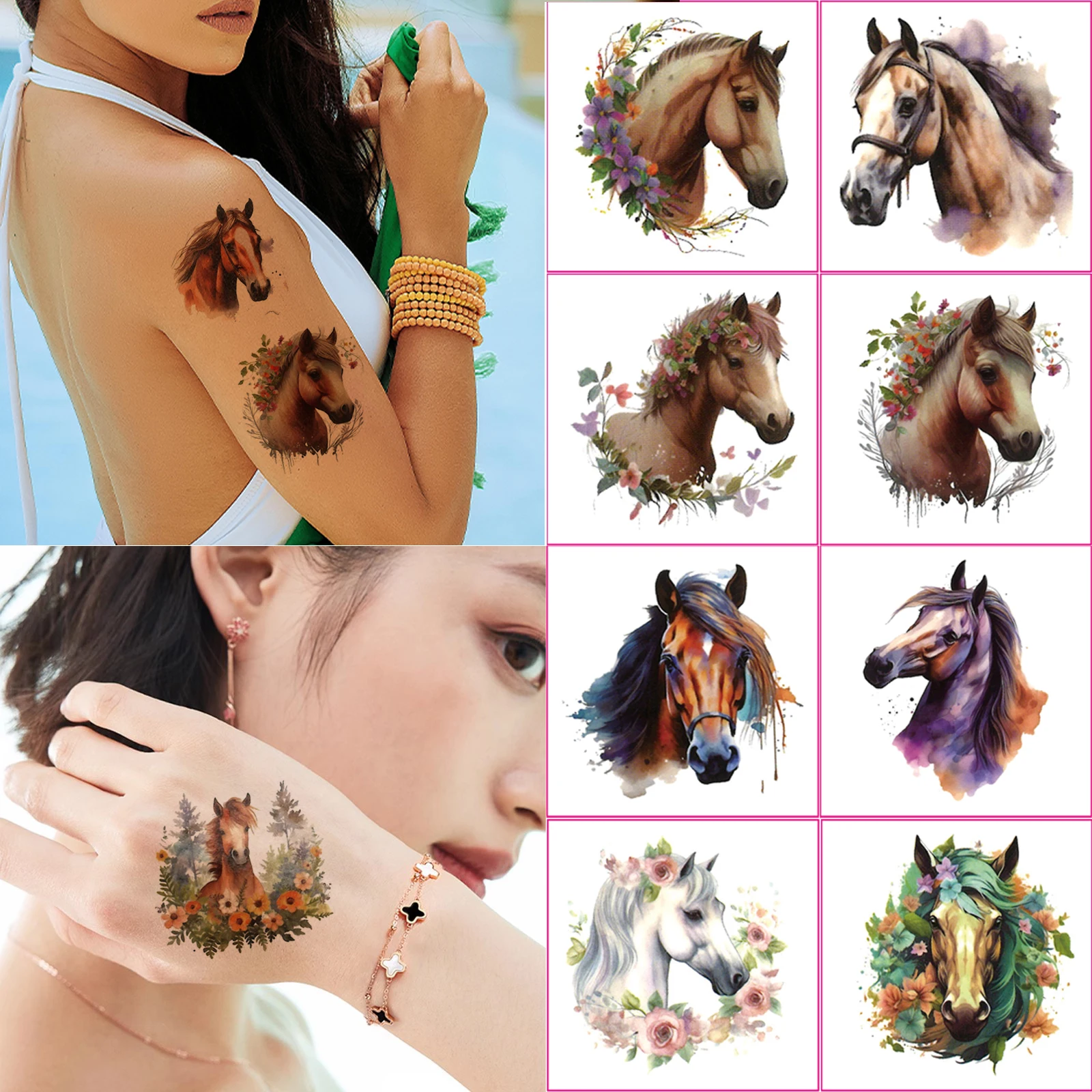 20 ورقة من ملصقات وشم الحصان المؤقتة لحفلات أعياد الميلاد مزينة بهدايا الوشم