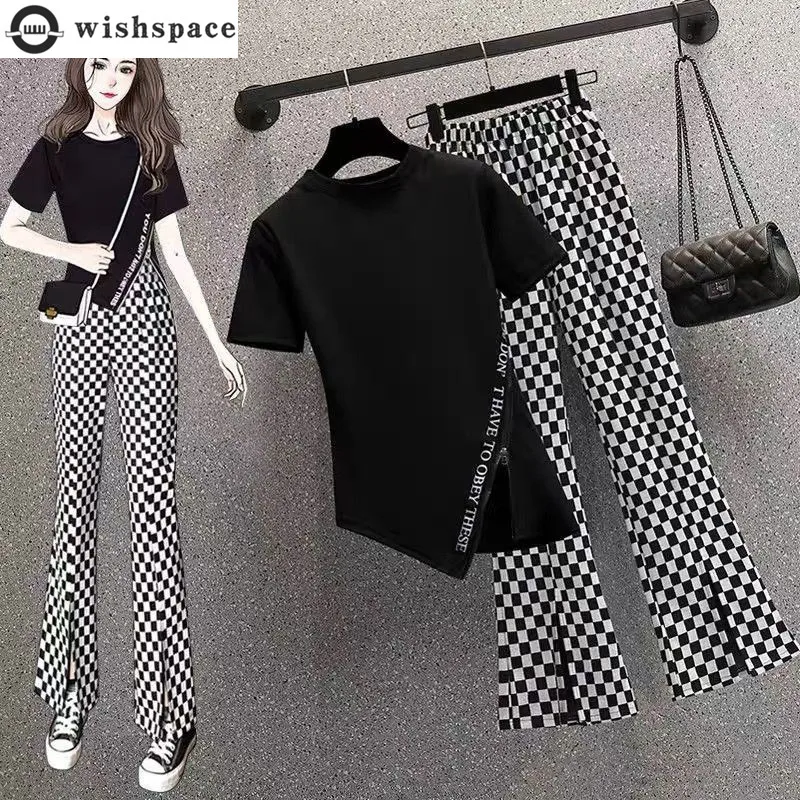 Women's Suit Spring and Summer 2023 New Age Reducing and Thin Irregular Split Short Sleeve T-shirt Wide Leg Pants Two-piece Set