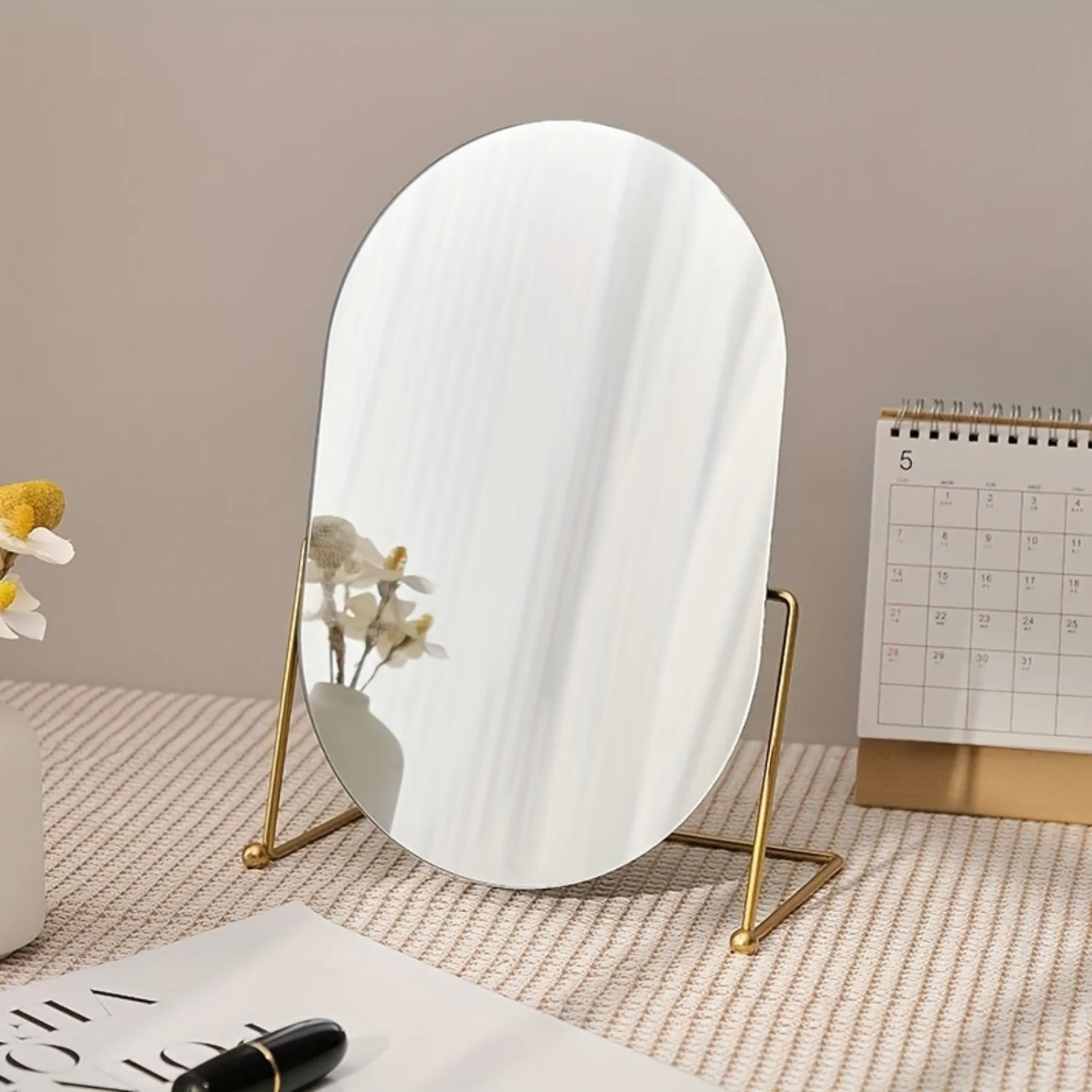 1 قطعة مرآة تزيين سطح المكتب على الطراز الحديث ، °   مرآة زينة دوارة، مرآة مستحضرات تجميل واقفة، مرآة مكياج بيضاوية للعداد، سرير