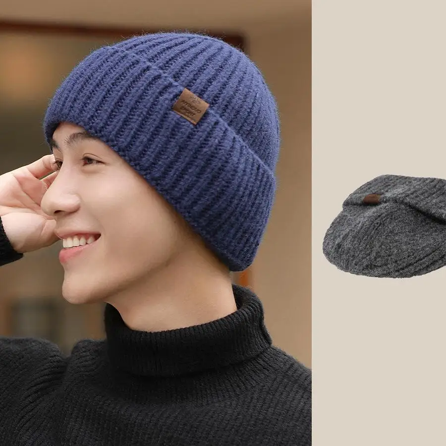 Winter Hats For Men Thickened Knitted Beanie Ear Protection Solid Color Cold Hat Keep Warm Baggy Cap Male Korean Elastic New