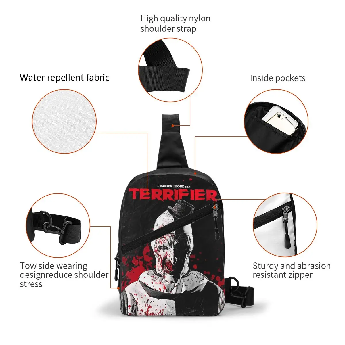 Mode Terrifier Film Schulter tasche für Radfahren Camping Männer Horror Halloween Clown Brust Cross body Rucksack Schulter Tages rucksack