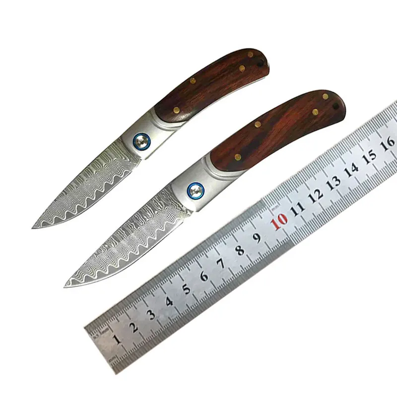 VG10 Damascus Steel Unlocking Folding Blade Knife Wood Handle Comfort Fruit Peeling Knives Hand Tool For Outdoor Camping