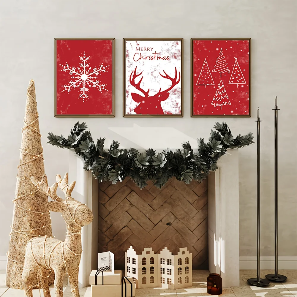 （Noframe 3PCS)-2D Flat, 2D Flat, A Set of Three Red Christmas Wall Art Posters Featuring Snowflakes, Reindeer, And Christmas