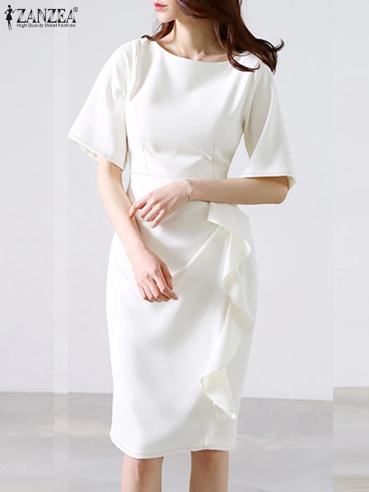 ZANZEA Summer 2024 Women Knee-length Vestidos Korean Fashion Flare Sleeve Ruffles Slim Fit Party Dress Elegant O Neck Robes