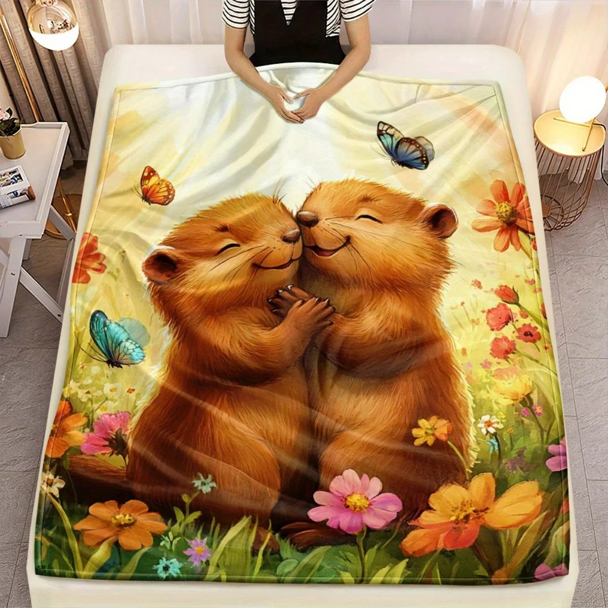 

Cute Otter Couple Kissing in Flower Garden Soft Flannel Animal Print Blanket for Kids Girls Bedroom Decor Love Gift