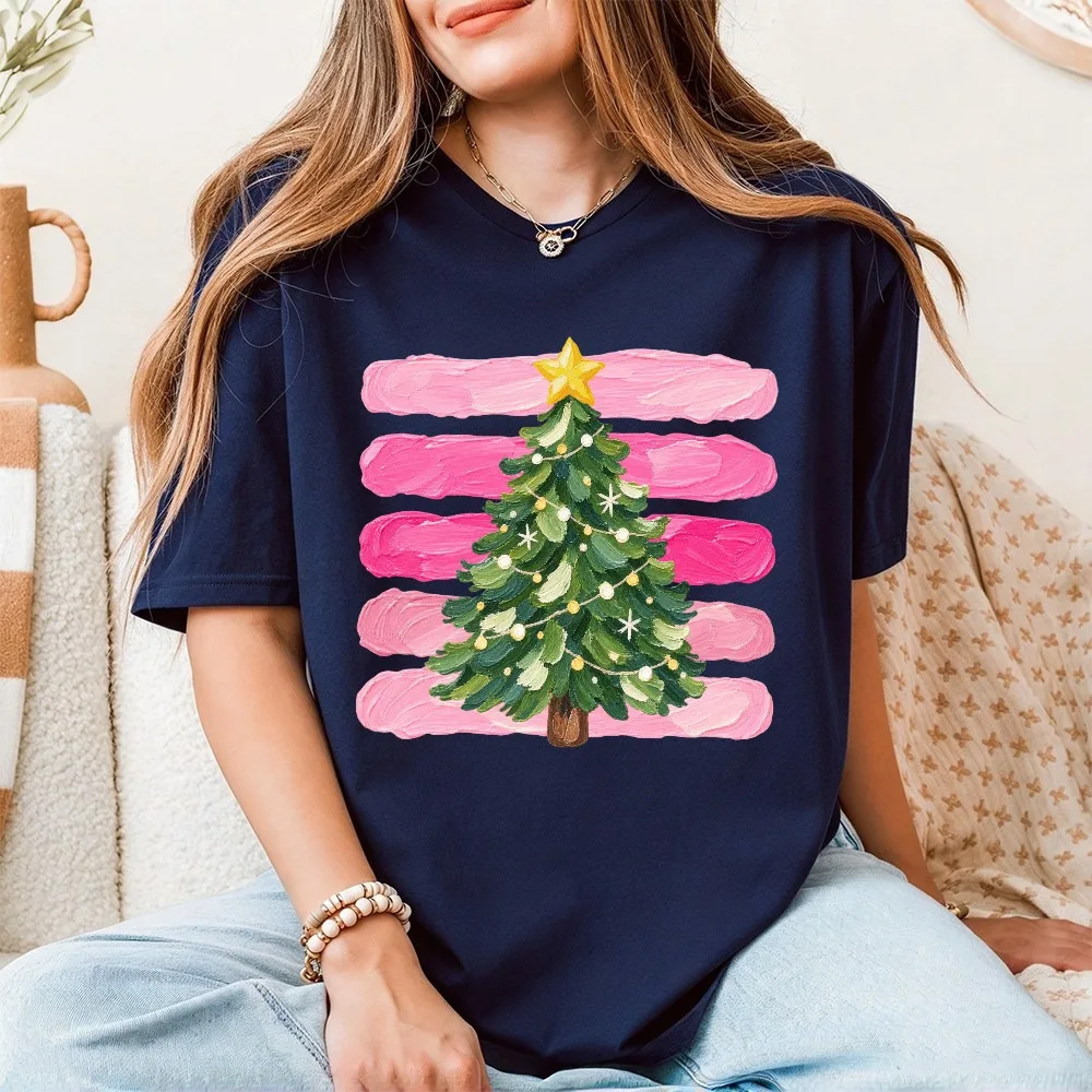 Pink Christmas Tree Casual Tshirt Preppy Painted Christmas Tees Girly Holiday Ready Short Sleeve Top Xmas Family Party Clothing