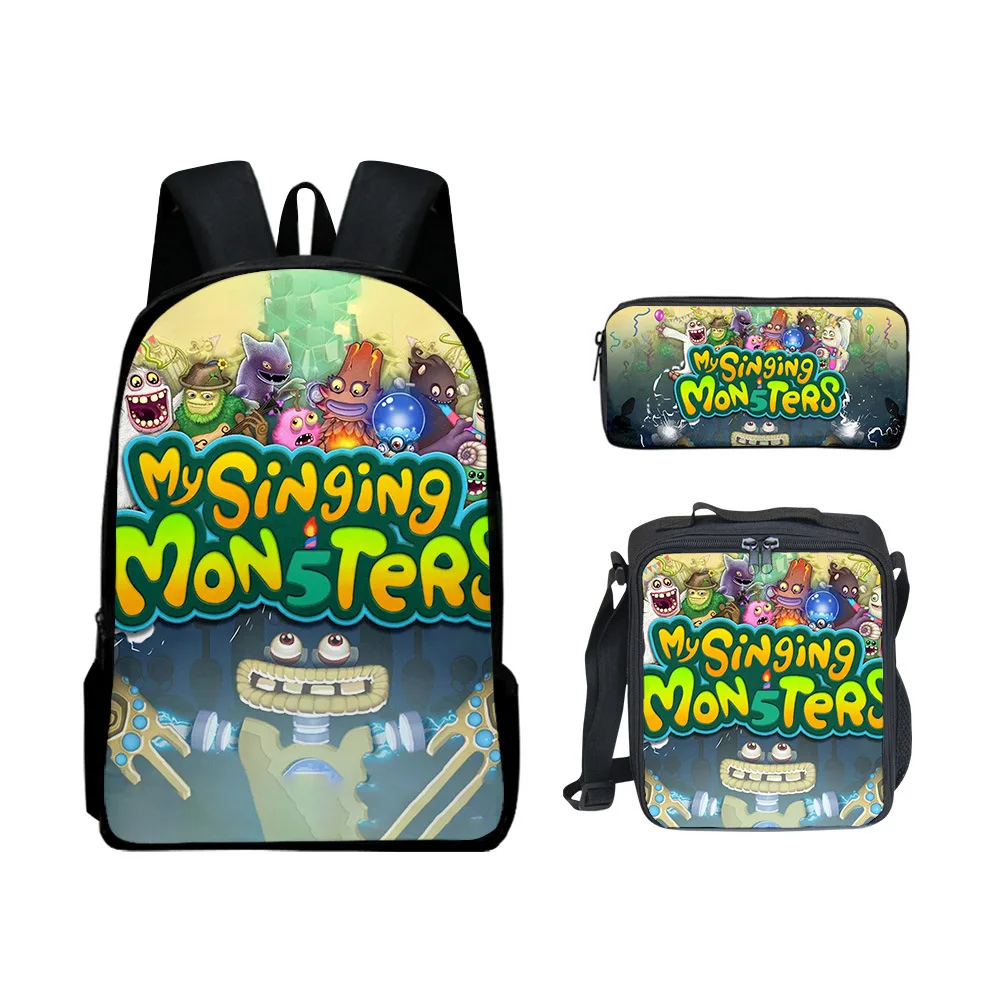 Kids Book bags Backpack set Children's Lunch Bag, Pen Bag, 3-Piece Set 3D New My Singing Monsters Concert Bag