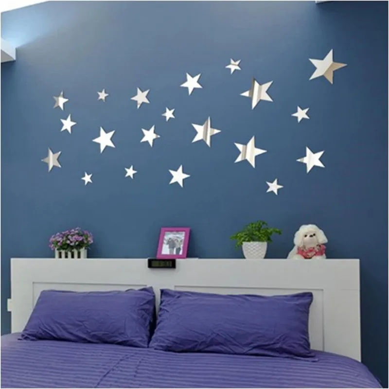 20pcs Silver Mirror Star Wall Stickers, Self-Adhesive Acrylic Wall Decals for Home, Office, Cafe, Restaurant, Shop DIY Decor
