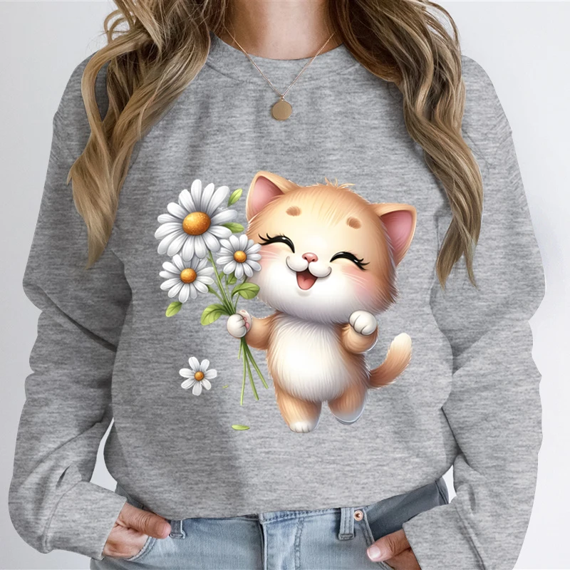 Floral Cat Design Women Sweatshirt Graphic Kawaii Cartoon Animal Lovers Essential Hoodies Unisex Funny Cats Print Sweatshirts