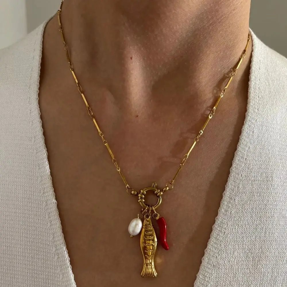 

New Waterproof Gold Plated Necklace 18K Gold Plated Detachable Enamel Chili Necklace Stainless Steel Accessories Fashion Jewelry