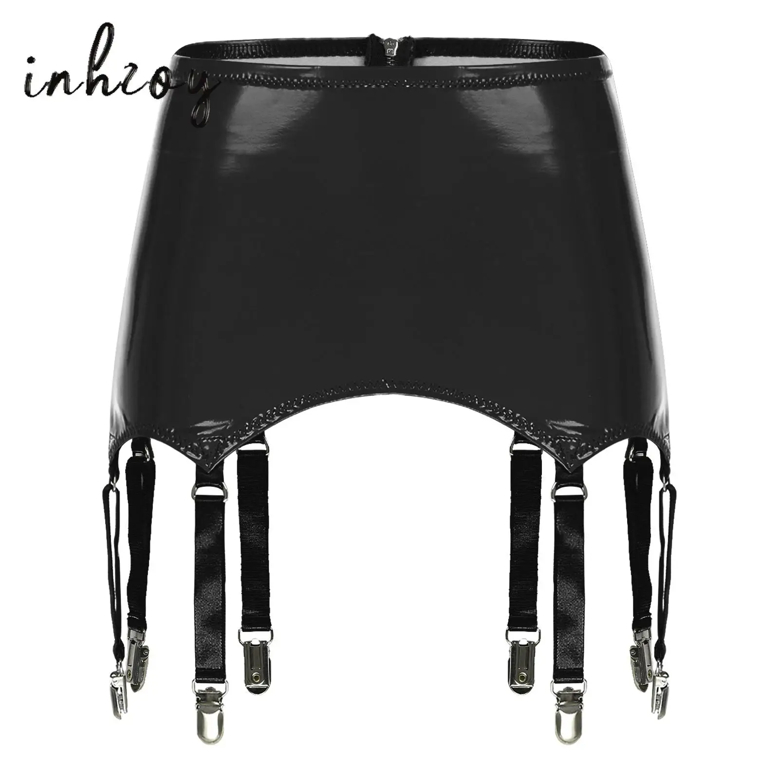 Womens Wet Look Patent Leather Mini Skirts with Garters Suspender Belt Metal Clips Sexy Latex Bodycon Pencil Skirt Clubwear