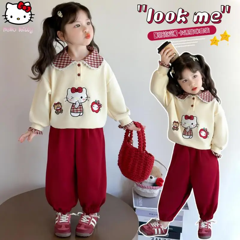 

2Pcs Anime Sanrio Kawaii Fashion Motion Sweet Girls Clothe New Hello Kitty Children Autumn Hoodie Pants Princess Cartoon Tops