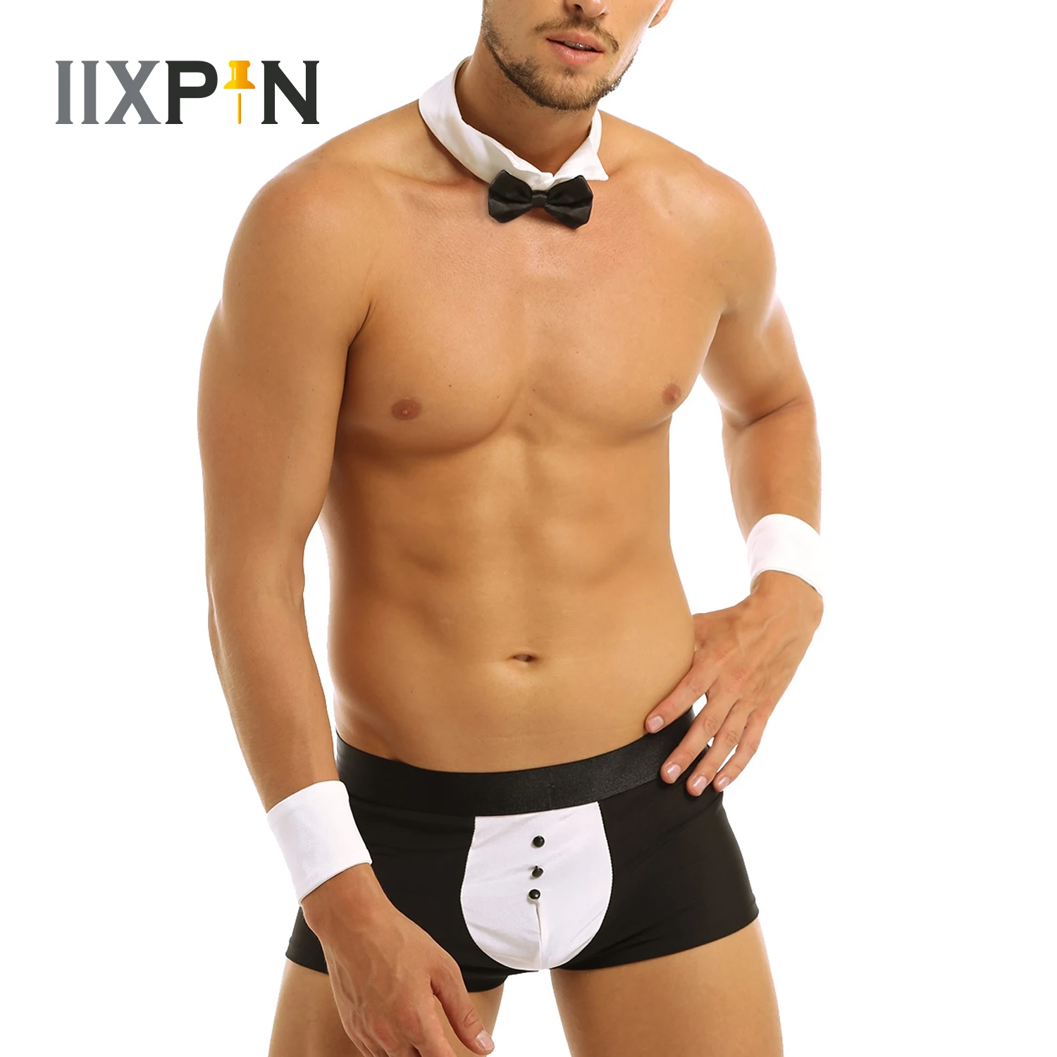 

3Pcs Mens Waiter Tuxedo Lingerie Suit Gay Boxer Briefs Underwear with Bow Tie Collar And Bracelets Halloween Role Play Costume