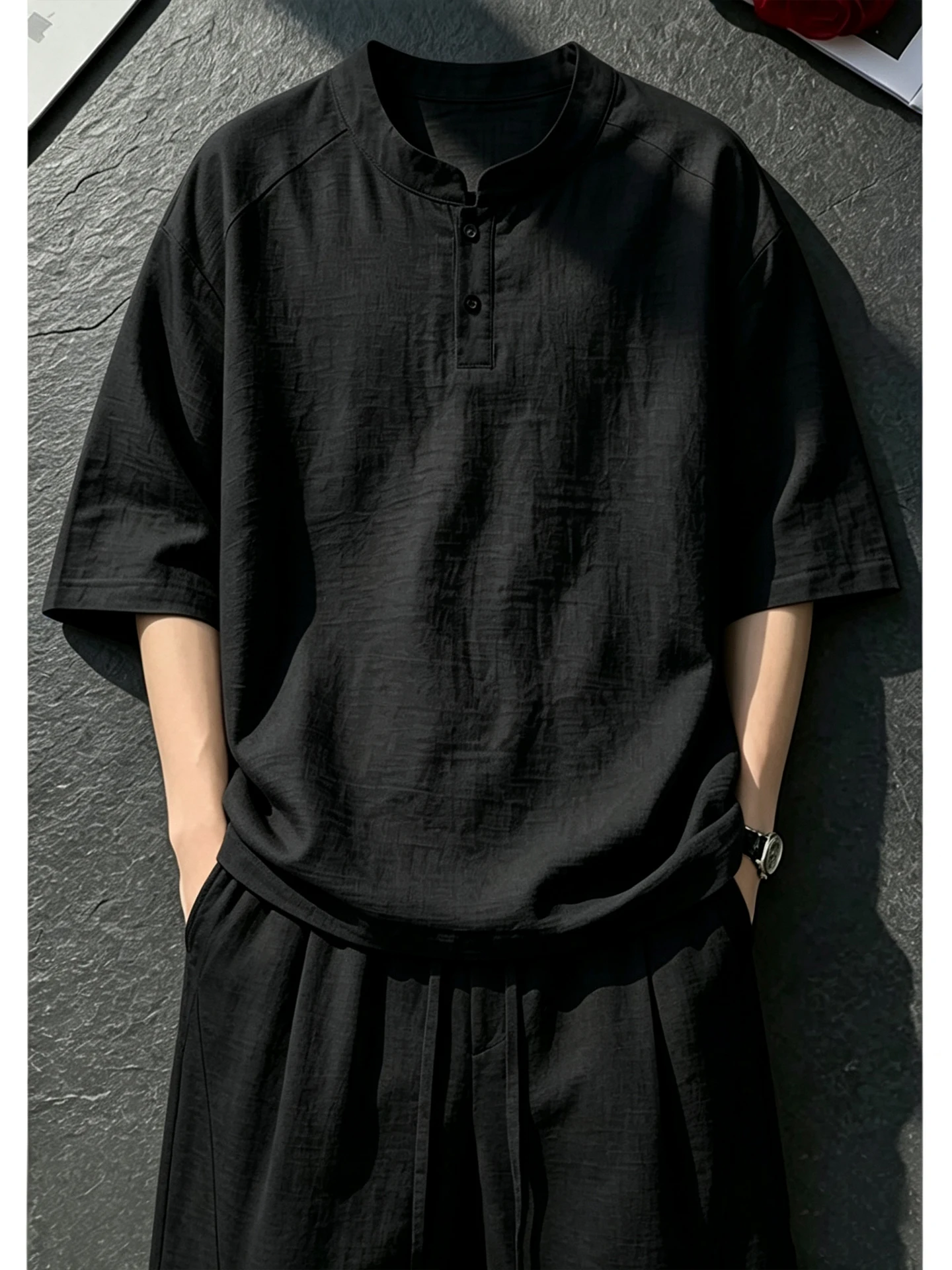 Lightweight Linen Silk Short Sleeve  Shirt And Shorts Set for Men Summer Casual Sportswear Loose Fit Henry Collar Ensemble