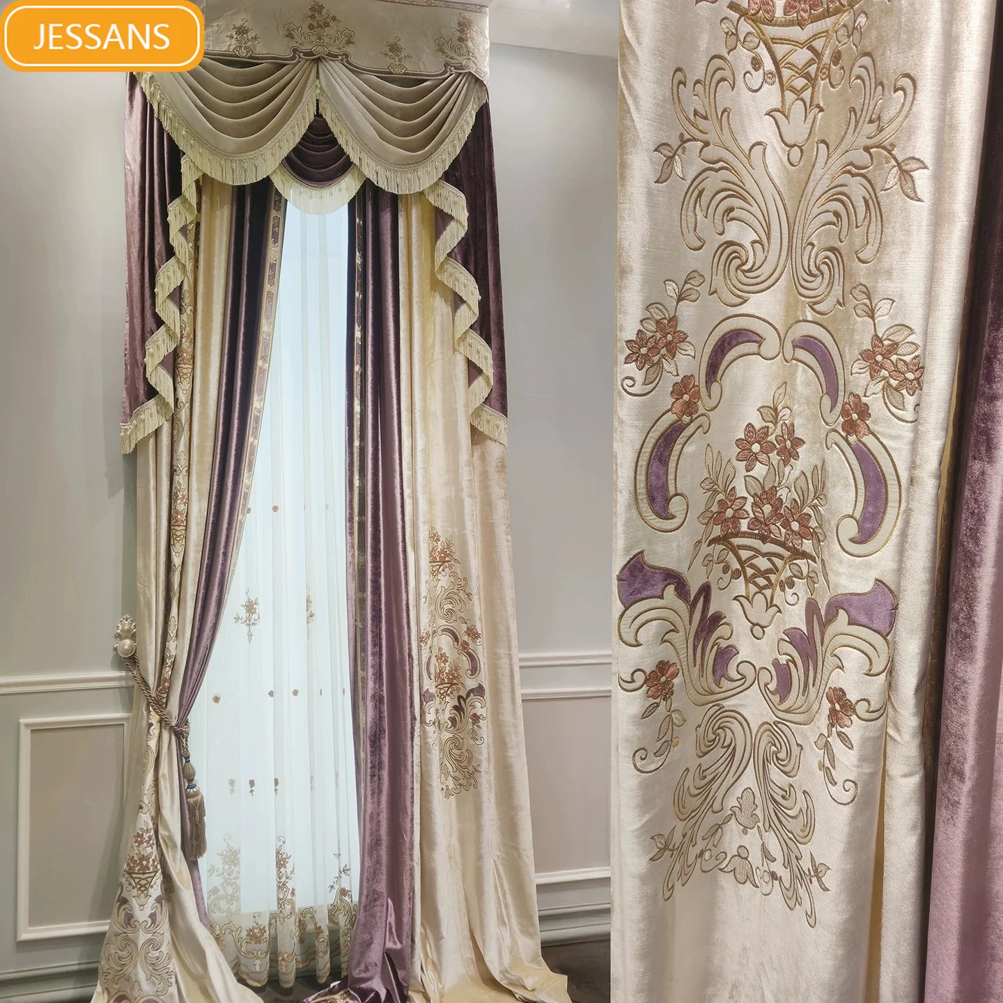 French Heavy Industry Embroidery Purple Beige Embroidery Velvet Splicing Curtains for Living Room Bedroom Partition Curtain