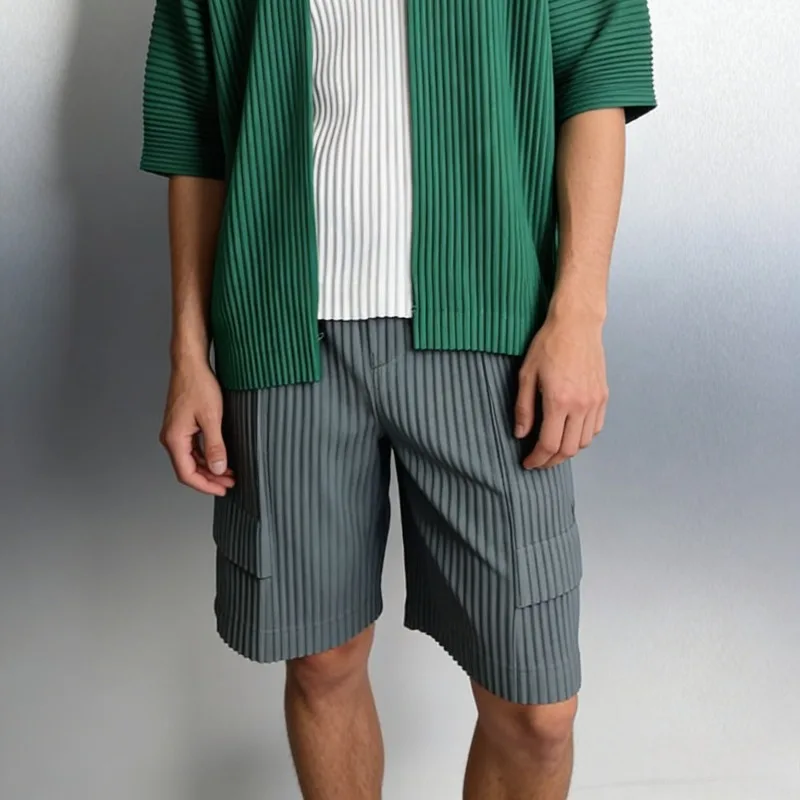 Miyake Pleated Shorts Plisse Solid Color 2026 Casual Elastic Waist High Stretch Pleats Spring Summer New Fold Work Pants Men