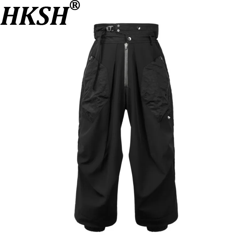 

HKSH Новые мужские брюки в стиле хай-стрит, темный панк, с молниями, на флисовой подкладке, пэчворк, мягкие, модные, плиссированные, повседневные, HK19069