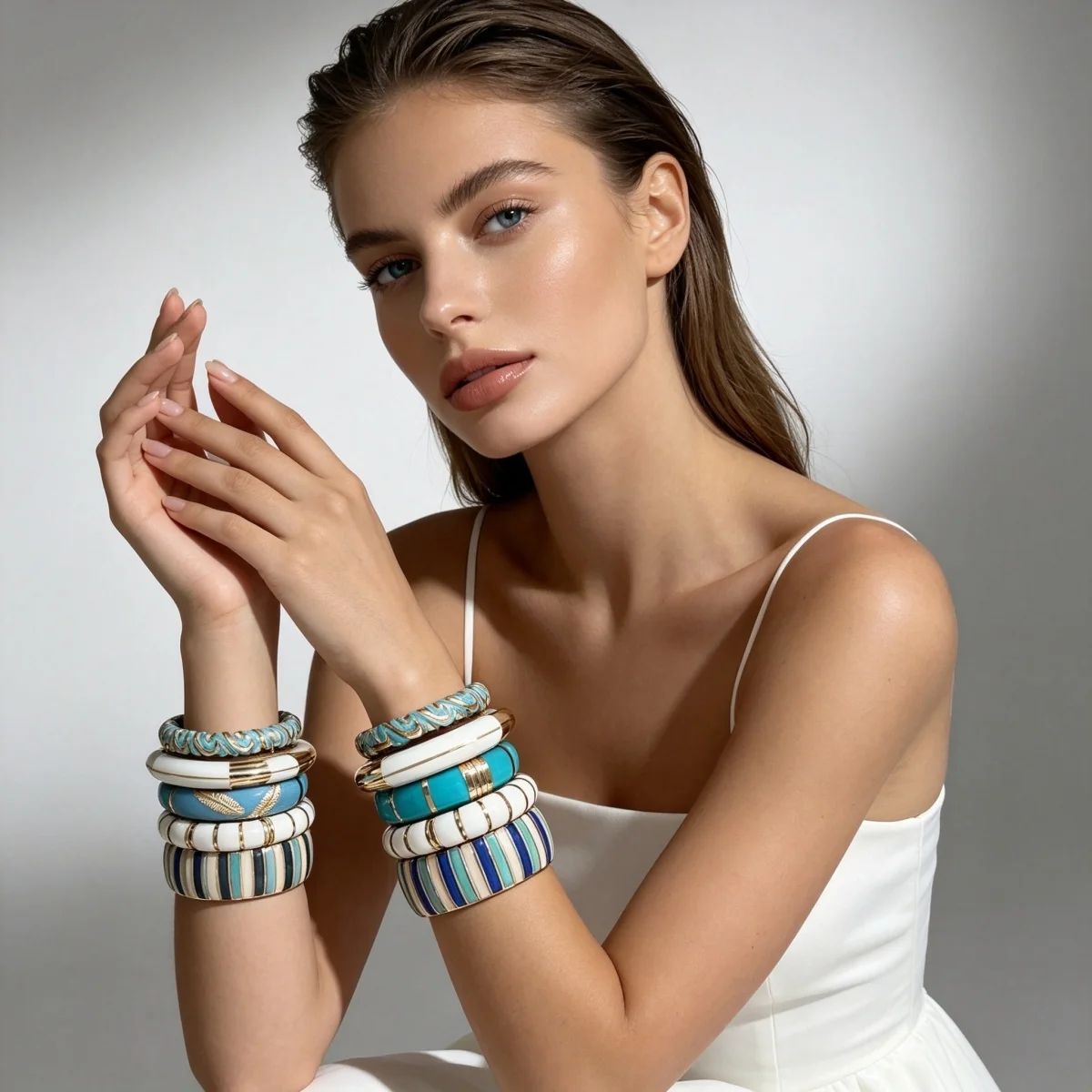 Trendige blau-weiße Emaille-Manschettenarmbänder für Damen und Herren, Vintage, unregelmäßige Streifen, stapelbarer Armreif, Partyschmuck – Detail 17