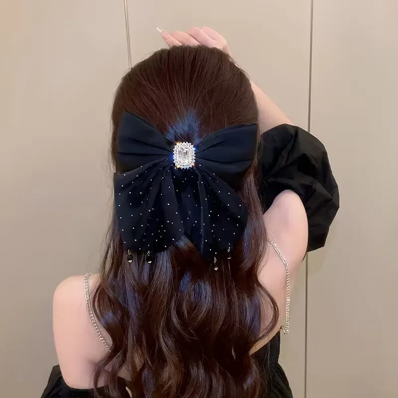 Korean Black Fabric Bow Hair Clips Feather Crystal Hairpins Spring Clip Fashion Ponytail Barrettes Hair Accessories for Women