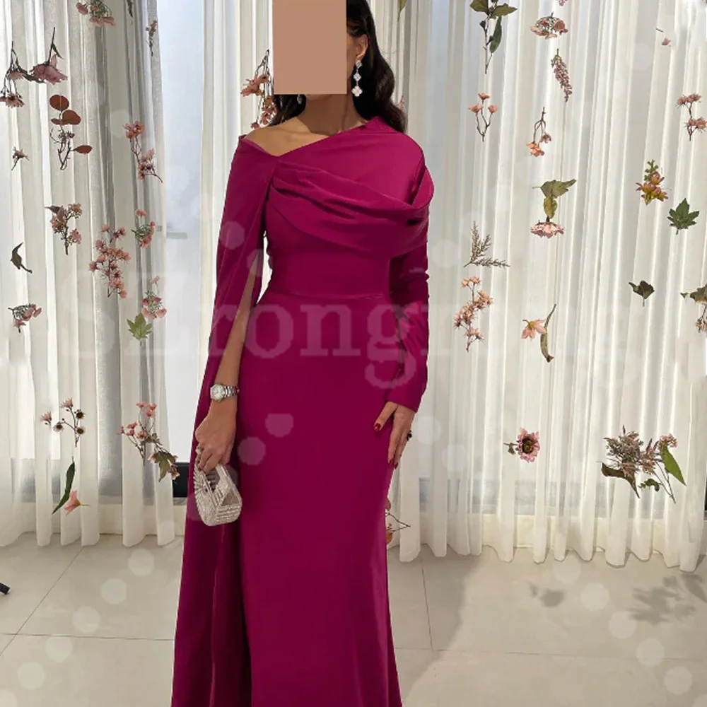 

Custom Made Modern Long Sleeve Pleated Bridal Evening Dress Sheath Backless Classic Maxi Saudi Arab Dress with Cape vestidos