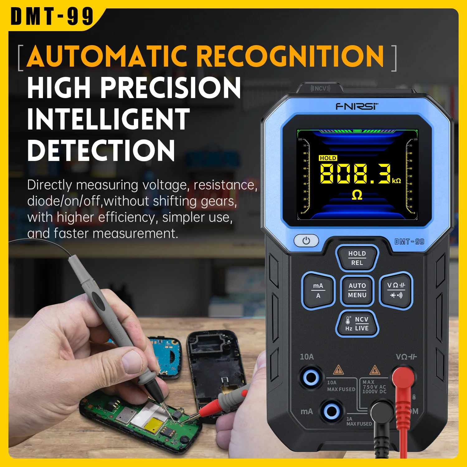 FNIRSI DMT-99 Digital Multimeter 9999 Auto Range,Resistance Capacitance Frequency Temperature Current Voltage NCV Smart Tester