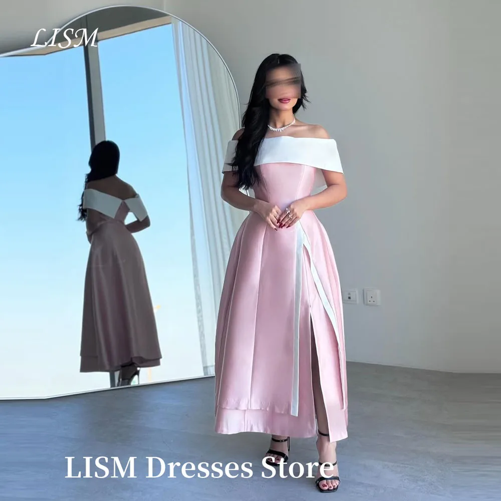 

LISM Simple Pink Evening Dresses Off Shoulder Arabic Women Side Split Arabic Women Formal Birthday Party Dress Prom Gowns Custom