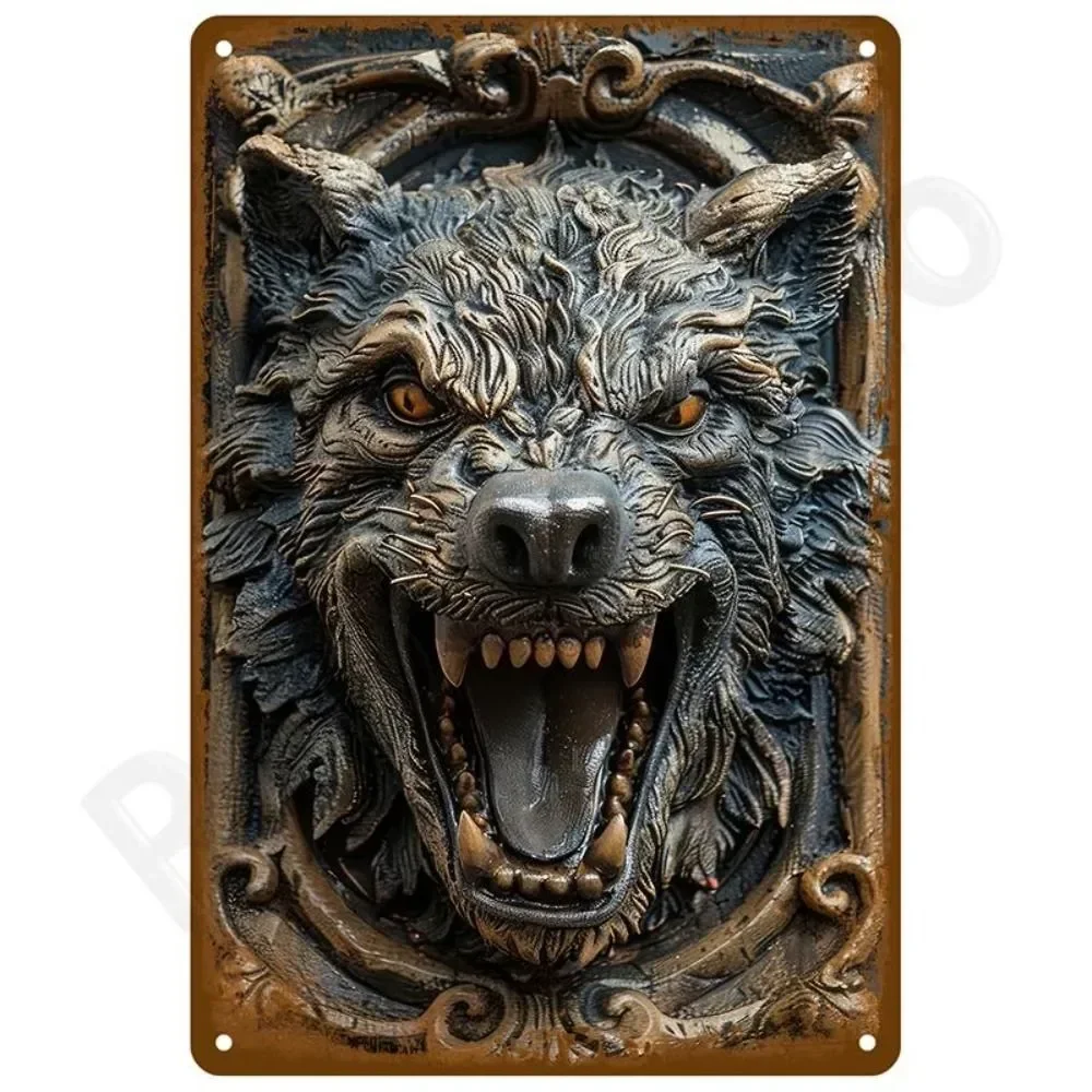 Tin Sign - Angry Wolf Head Sculpture Vintage Durable Metal Plaque Wall Decor, Home Bar Garage Man Cave Wall Art