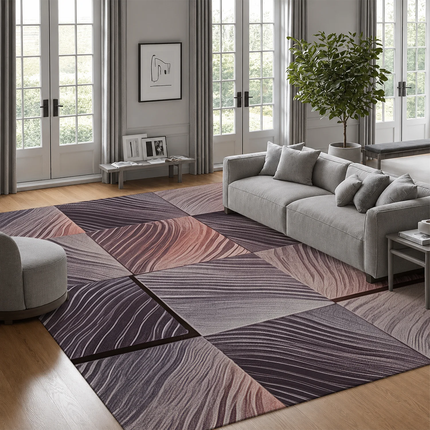 Large Indoor Area Rug, Soft Velvet Low Pile Non-slip Dotted Backing Machine Washable Abstract Wavy Square Pattern Rug in Muted Gray & Blush Pink, Great for Living Room, Bedroom, Entryway