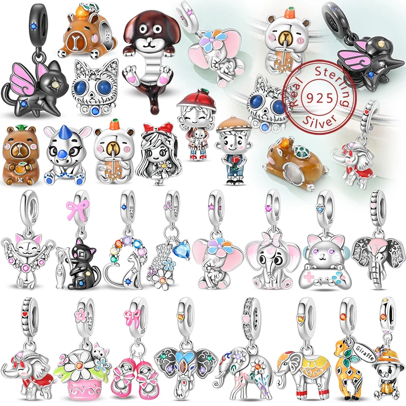 

Милые стерлингового серебра 925 пробы, капибара, черный кот, слон, колбаса, собака, подвески, бусины, подходят для оригинальных браслетов 3 мм, изготовление ювелирных изделий своими руками