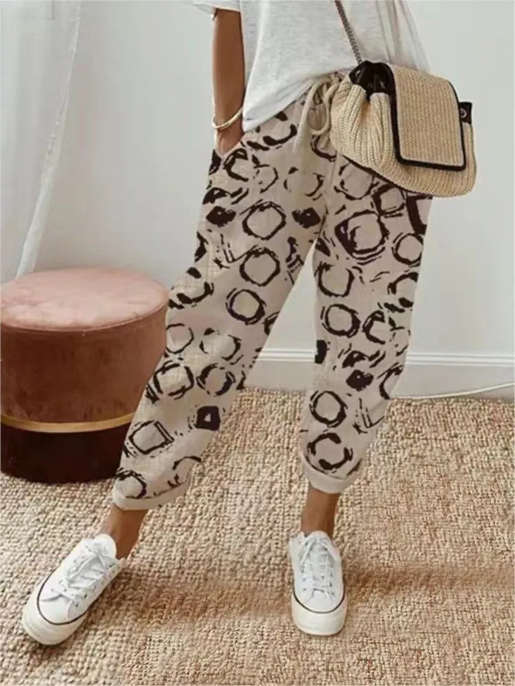 2024 Women Spring Summer Cropped Pants Elastic Waist Drawstring Retro Thin Flower Print Fashion Loose Stripe Pocket Pants