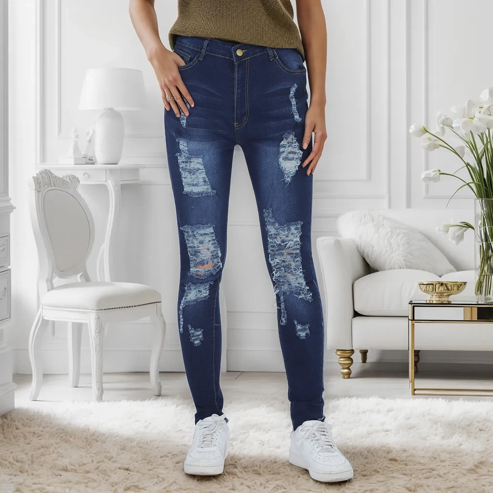 

Stretchy Women's Distressed High Waist Jeans Pants Slimming Destroyed Jeans Butt Lifting Jean Ripped Denim Plus Size Pants