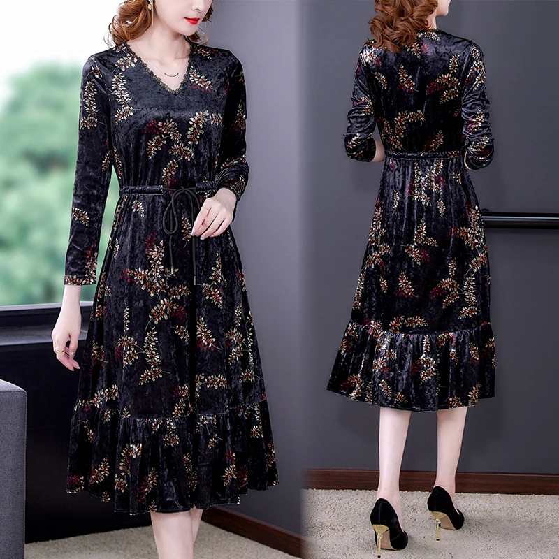 Black Natural Silk Velvet Dress Large Size Maxi Dress Autumn Korean Vintage Casual Dress  Women Elegant Bodycon Dress