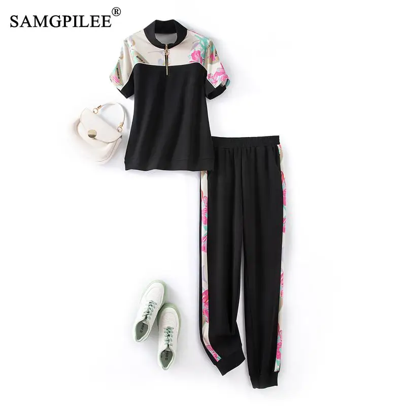 Summer Outfits For Women 2023 Stand Collar Casual Sports Print Stitching Short Sleeve T-shirt Air Cotton Two Piece Pants Sets