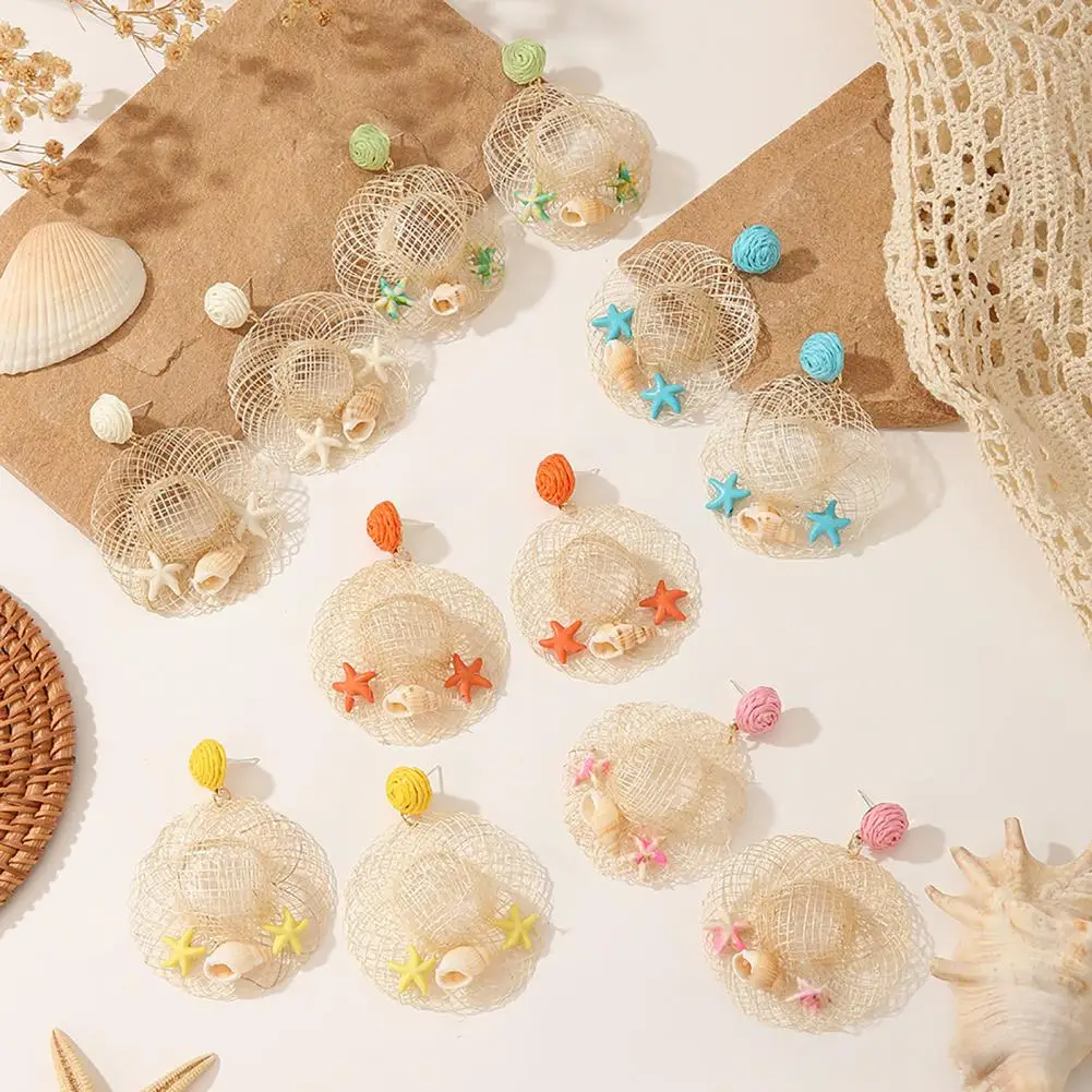 Tropical Style Earrings Boho Raffia Statement Earrings Woven Straw Starfish Dangle Earrings Handmade Rattan Hoop for Women