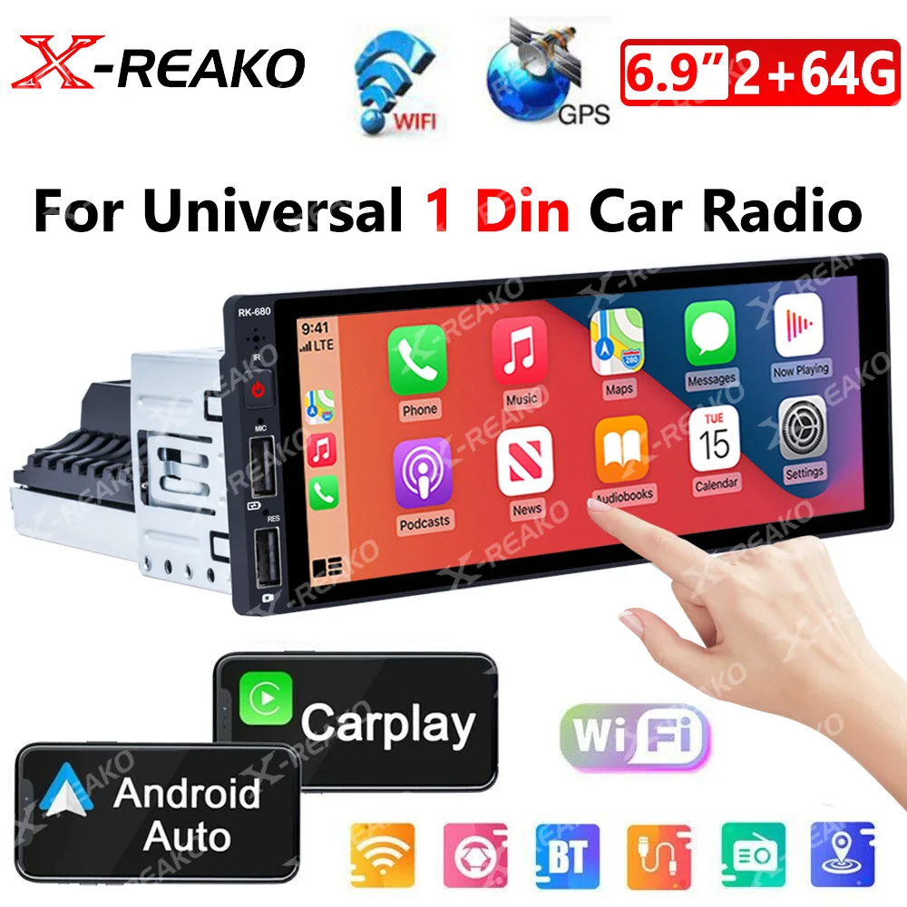 

X-REAKO 6.9 Inch 1Din 2+64GB Carplay Android Auto Car Radio Multimedia Video MP5 Player 1 Din No DVD with Bluetooth Stereo USB