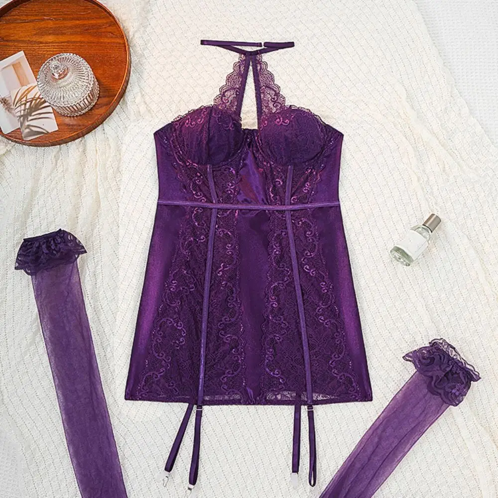 

Comfortable Slim Fit Lace Nightgown Halter Satin Silk Mesh Nightwear Women Lingerie Sweet Sleeveless Nightdress Home