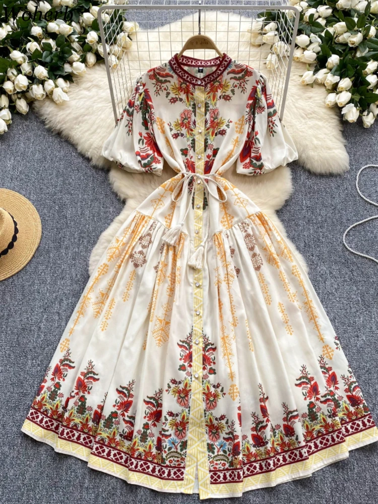 Vintage Slim Waist Temperament Dress 2024 Vestidos De Mujer Summer Floral Dresses for Women O-neck Lantern Sleeve Robe Femme Wj