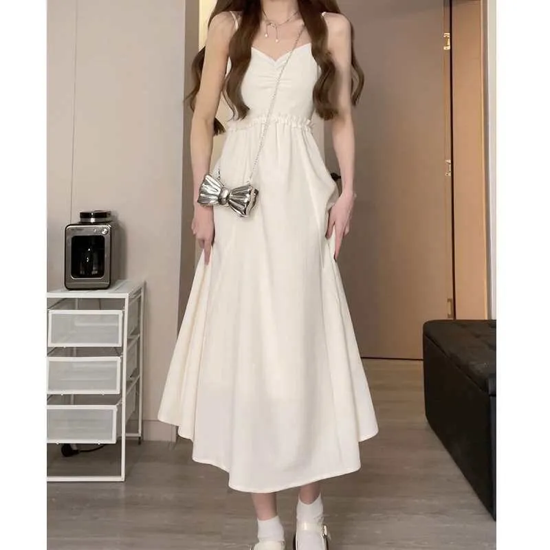spring-summer-new-ballet-long-dress-high-waist-a-line-skirt-no-sleeve-korean-style-women's-fashion-citywalk-dress