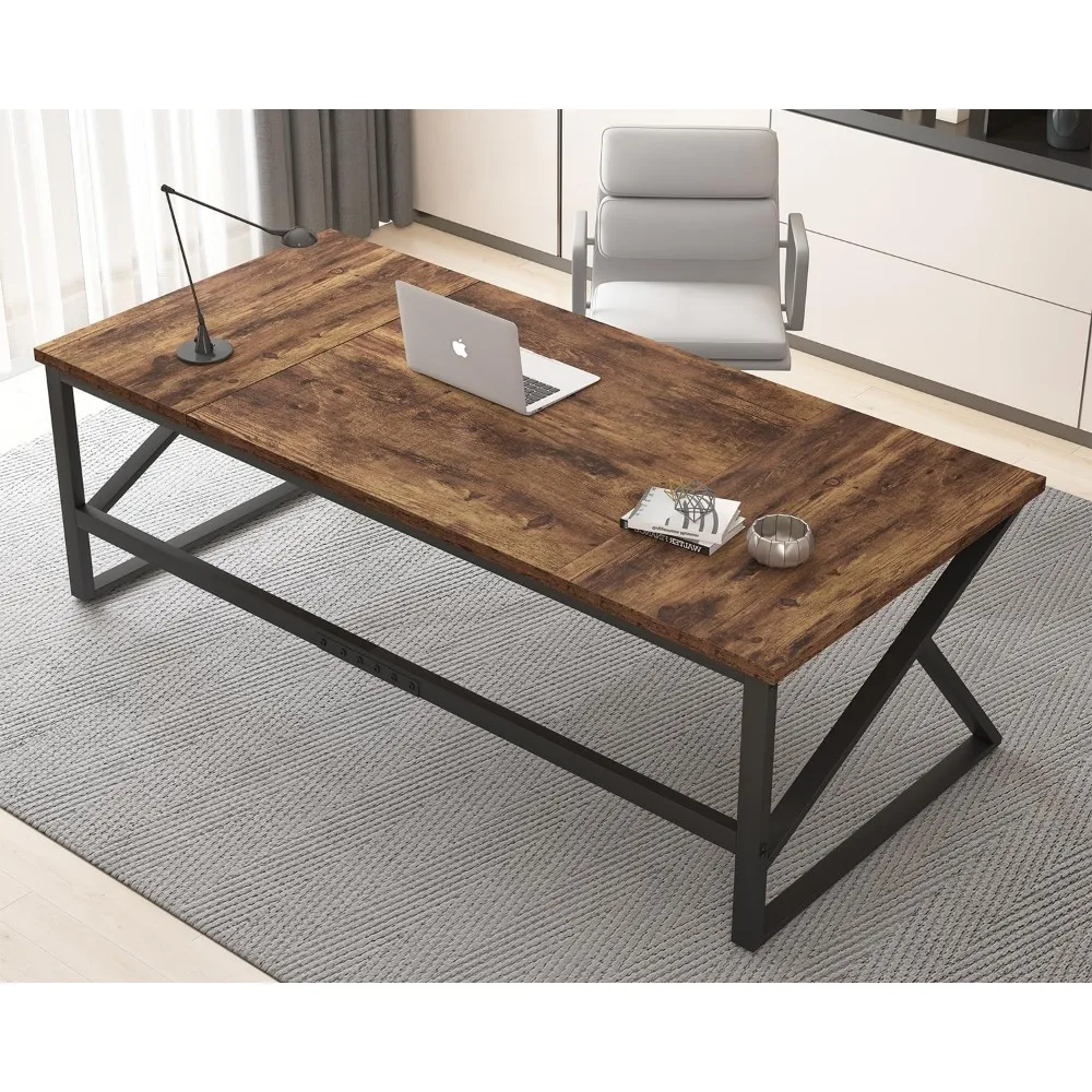 مكتب كمبيوتر بني ريفي كبير، مكتب منزلي من الخشب المعدني مقاس 70 بوصة لشخصين، ألعاب دراسة كتابة طويلة جدًا في المزرعة #4