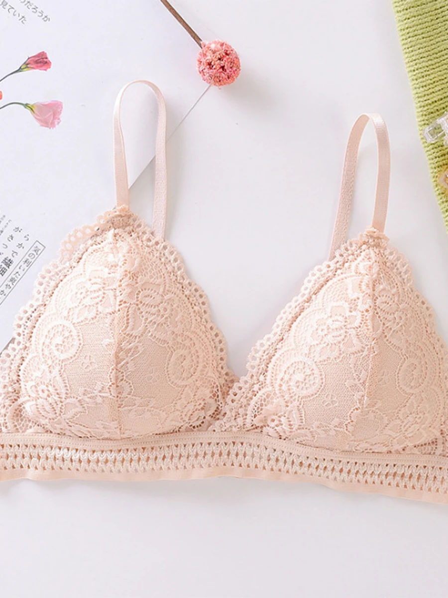 1pcs French Triangle Cup Lace Bra without Steel Ring Halter Gathered Breathable Summer Ladies Underwear